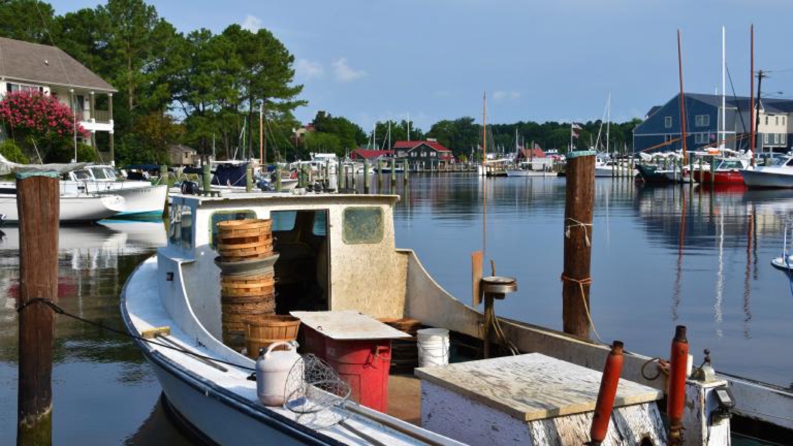 Harbor with crab boats and bushel baskets on the Eastern Shore